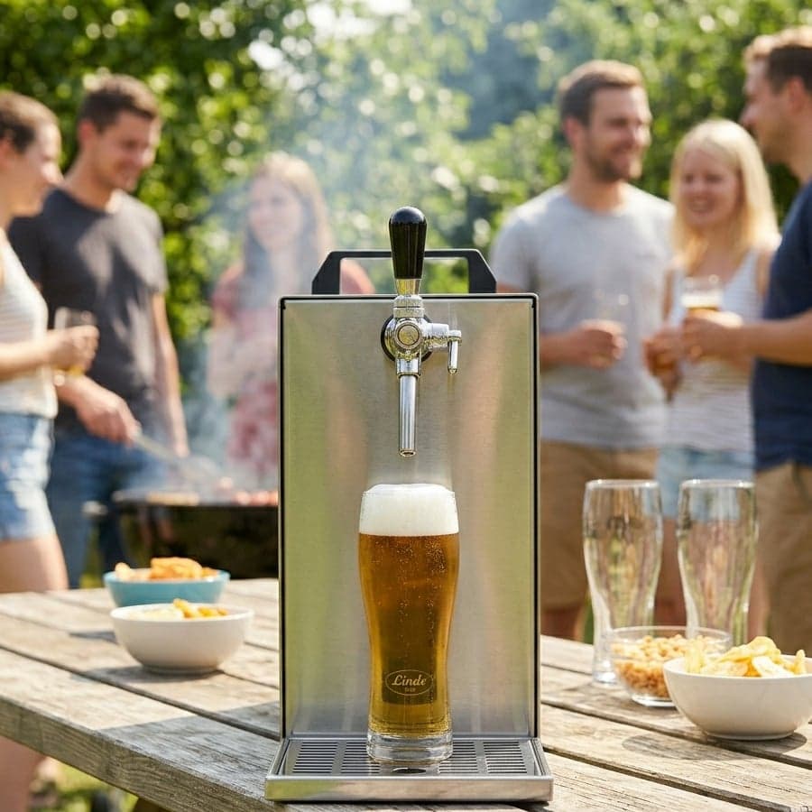 La Mise beer tap in use at an outdoor event, glass full with foam